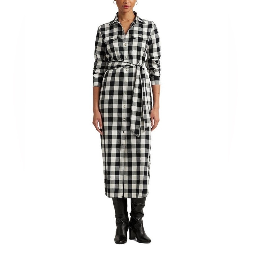 NWT Polo Ralph Lauren Buffalo Check Long Sleeve Maxi Shirt Dress 10